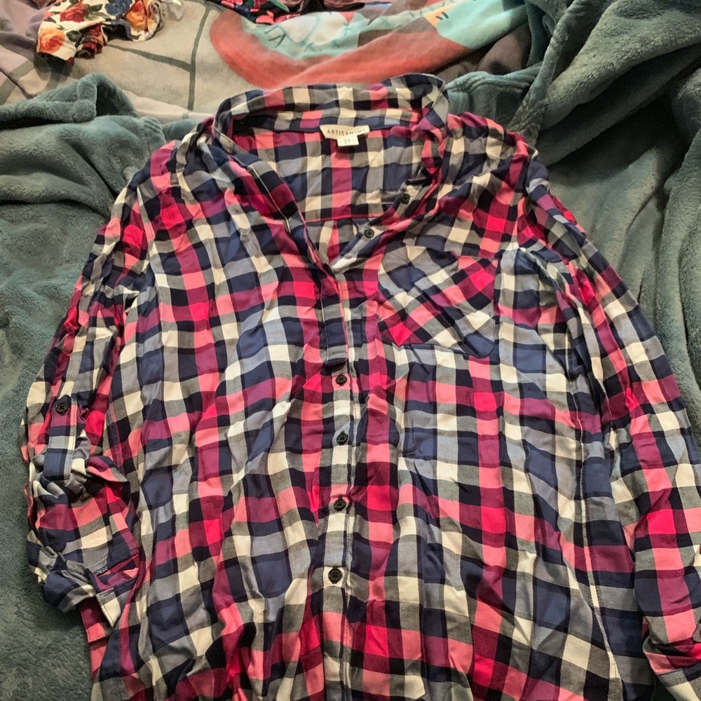 Plaid button down with pink blue and black
